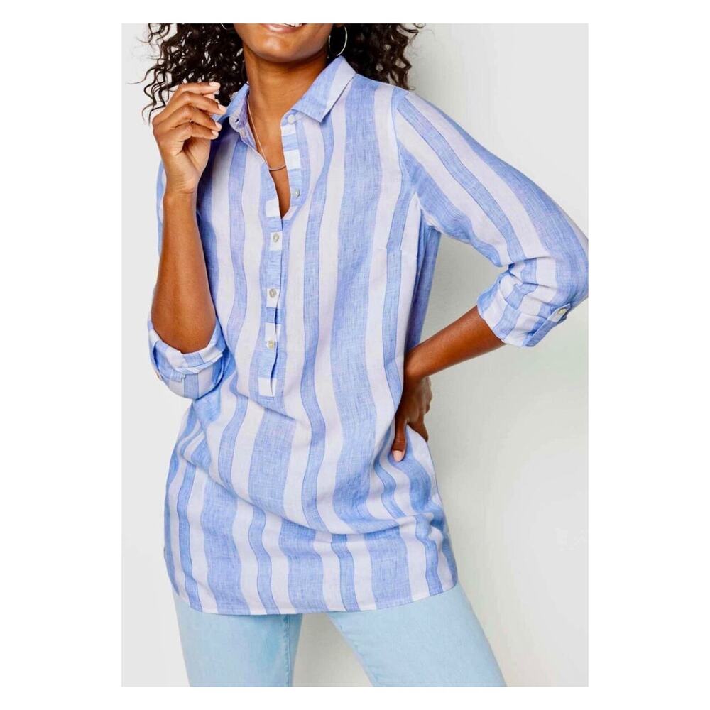 J.Jill Love Linen Blue&White Stripe Linen Popover Tunic Blouse Sz.L